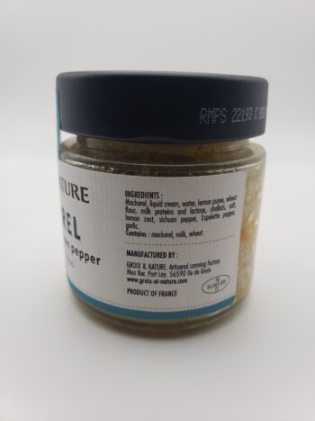 Image of the back of a jar of Groix & Nature Mackerel Rillettes with Sichuan Pepper