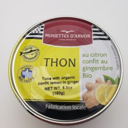 Image of the front of a can of Les Mouettes d'Arvor Thon au Citron Confit au Gingembre Bio (Skipjack Tuna with Organic Lemon and Ginger Confit)