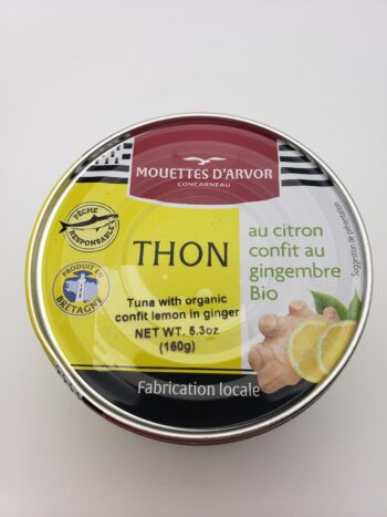 Image of the front of a can of Les Mouettes d'Arvor Thon au Citron Confit au Gingembre Bio (Skipjack Tuna with Organic Lemon and Ginger Confit)