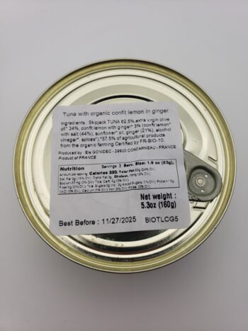 Image of the back of a tin of Les Mouettes d'Arvor Thon au Citron Confit au Gingembre Bio (Skipjack Tuna with Organic Lemon and Ginger Confit)