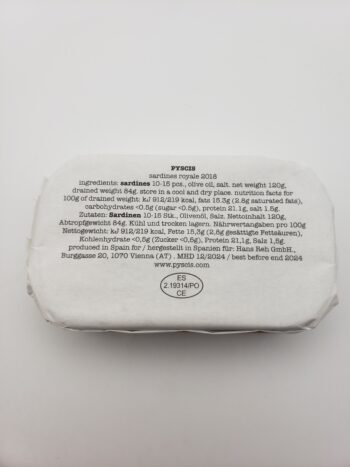 Image of the back of a tin of PYSCIS Conserves﻿ Sardines Royale 10/15, 2018