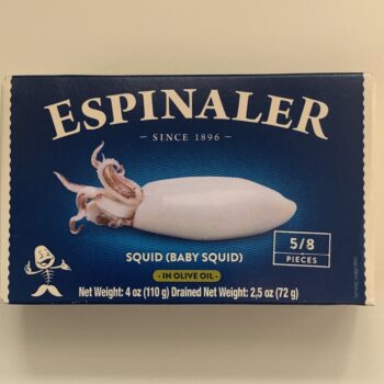 Image of the front of a tin of Espinaler Baby Squid in Olive Oil
