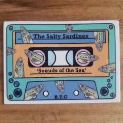 Image of The Salty Sardines cassette tape sticker RTG sardines desgined by Amanda Bienko