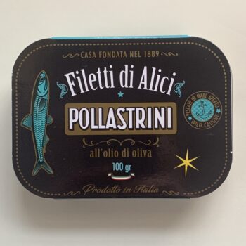 Image of the front of a tin of Pollastrini di Anzio Anchovy Fillets in Olive Oil