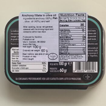 Image of the back of a tin of Pollastrini di Anzio Anchovy Fillets in Olive Oil