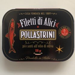 Image of the front of a tin of Pollastrini di Anzio Spicy Anchovy Fillets in Olive Oil