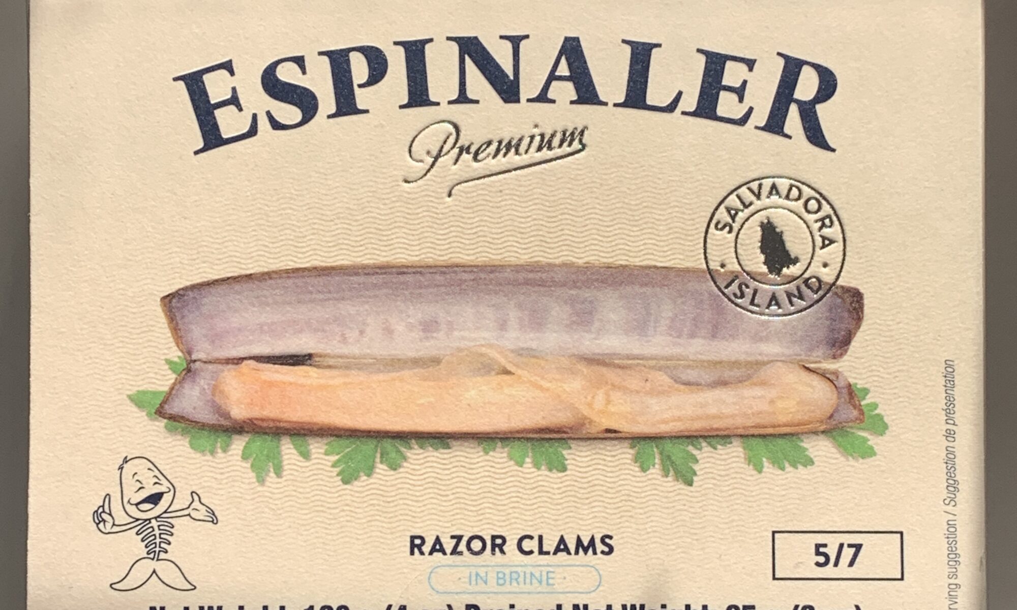 Image of the front of a package of Espinaler Razor Clams 5/7 Premium Line, Sálvora Island
