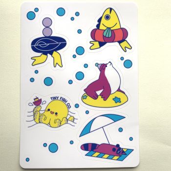 Image of the sheet of Tiny Fish Co stickers